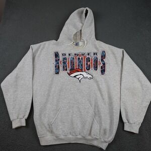 Vintage Denver Broncos Hoodie Mens XL Gray NFL Football Logo 7 Sweatshirt 90s